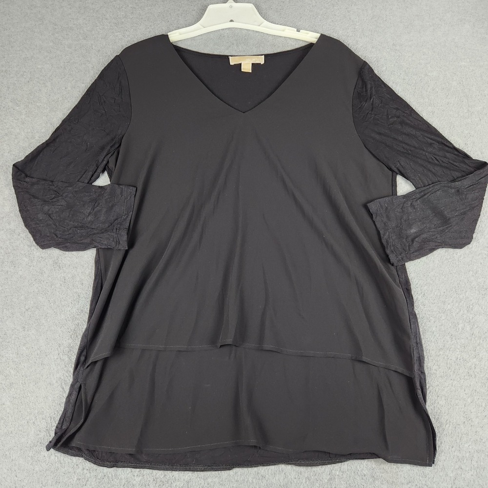 Michael Kors Low Blouse Top Womens Large Black V Neck Layered High Tunic Casual